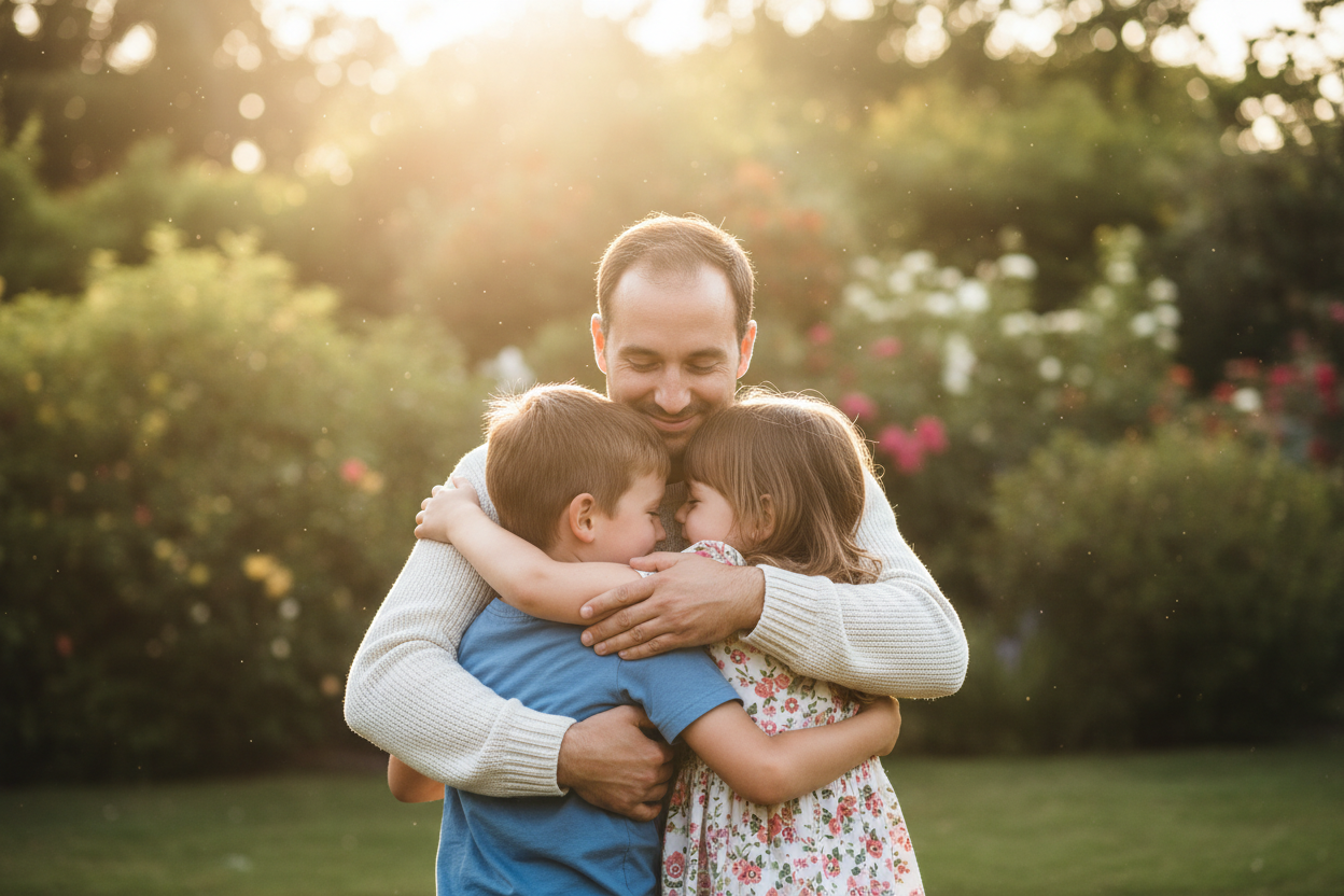 Laat de man zijn kinderen omhelzen